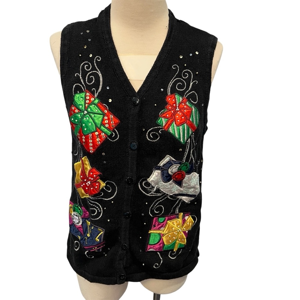 HOLIDAY TRADITIONS Black Present Motif Button Up Vest (L)
